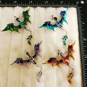 4pc Dragon Brooch Set Enamel Wings Crystal Body Fantasy Gothic Jewelry Pins